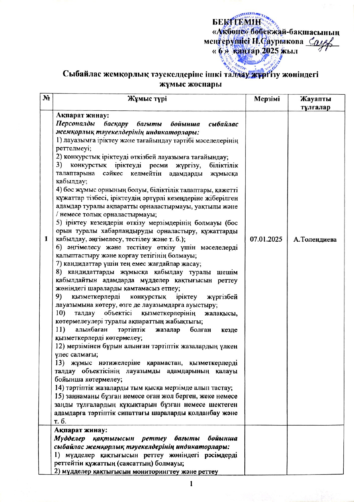 Сыбайлас жемқорлық тәуекелдеріне ішкі талдау жүргізу жөніндегі жұмыс жоспары